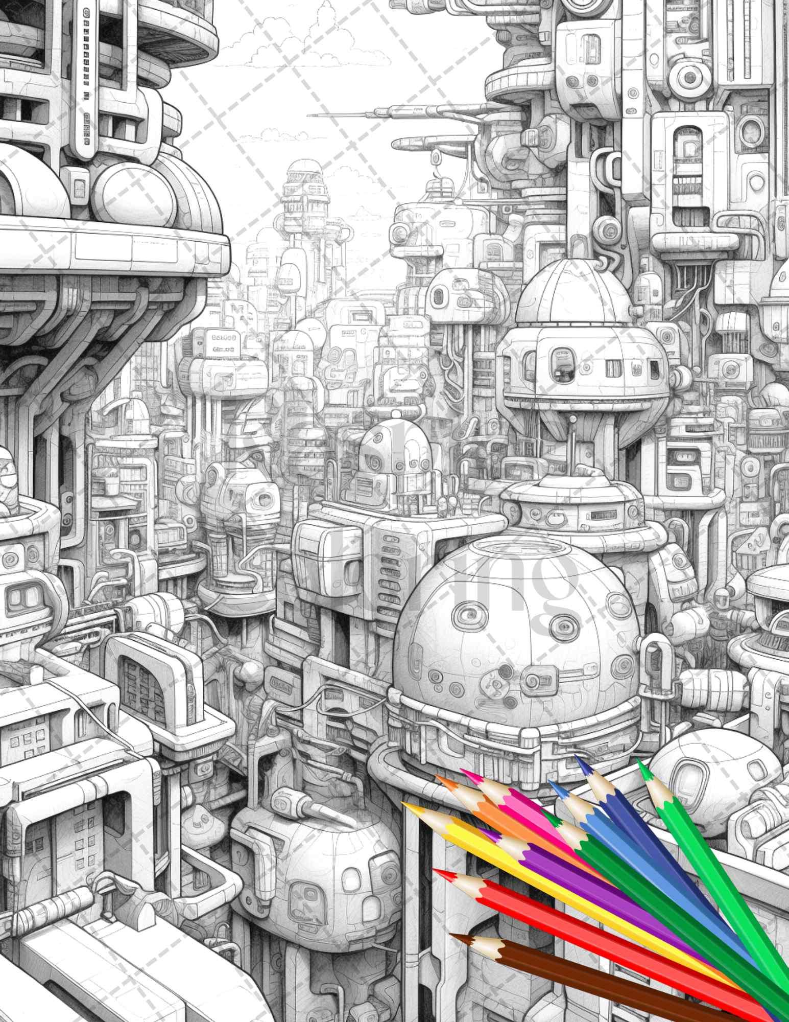 50 Futuristic Metropolis Grayscale Coloring Pages Printable for Adults, PDF File Instant Download