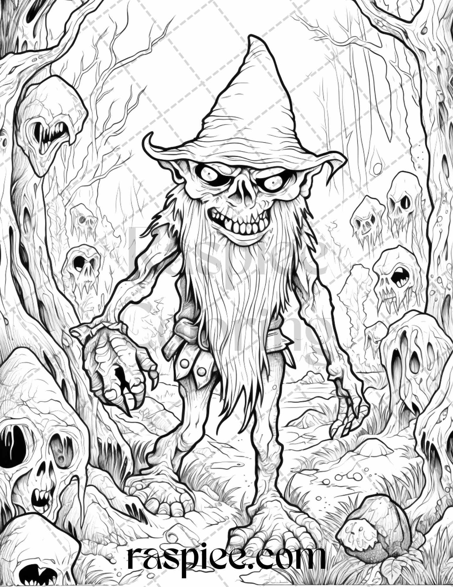 50 Horror Zombie Gnomes Grayscale Coloring Pages Printable for Adults, PDF File Instant Download