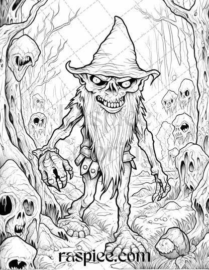 50 Horror Zombie Gnomes Grayscale Coloring Pages Printable for Adults, PDF File Instant Download