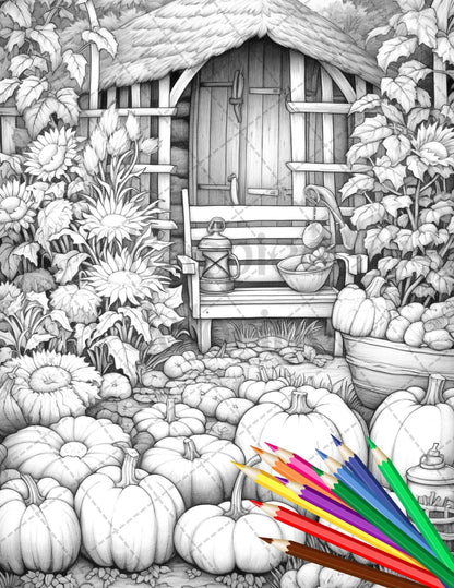 Pumpkin Garden Scenery Grayscale Coloring Pages Printable for Adults, PDF File Instant Download