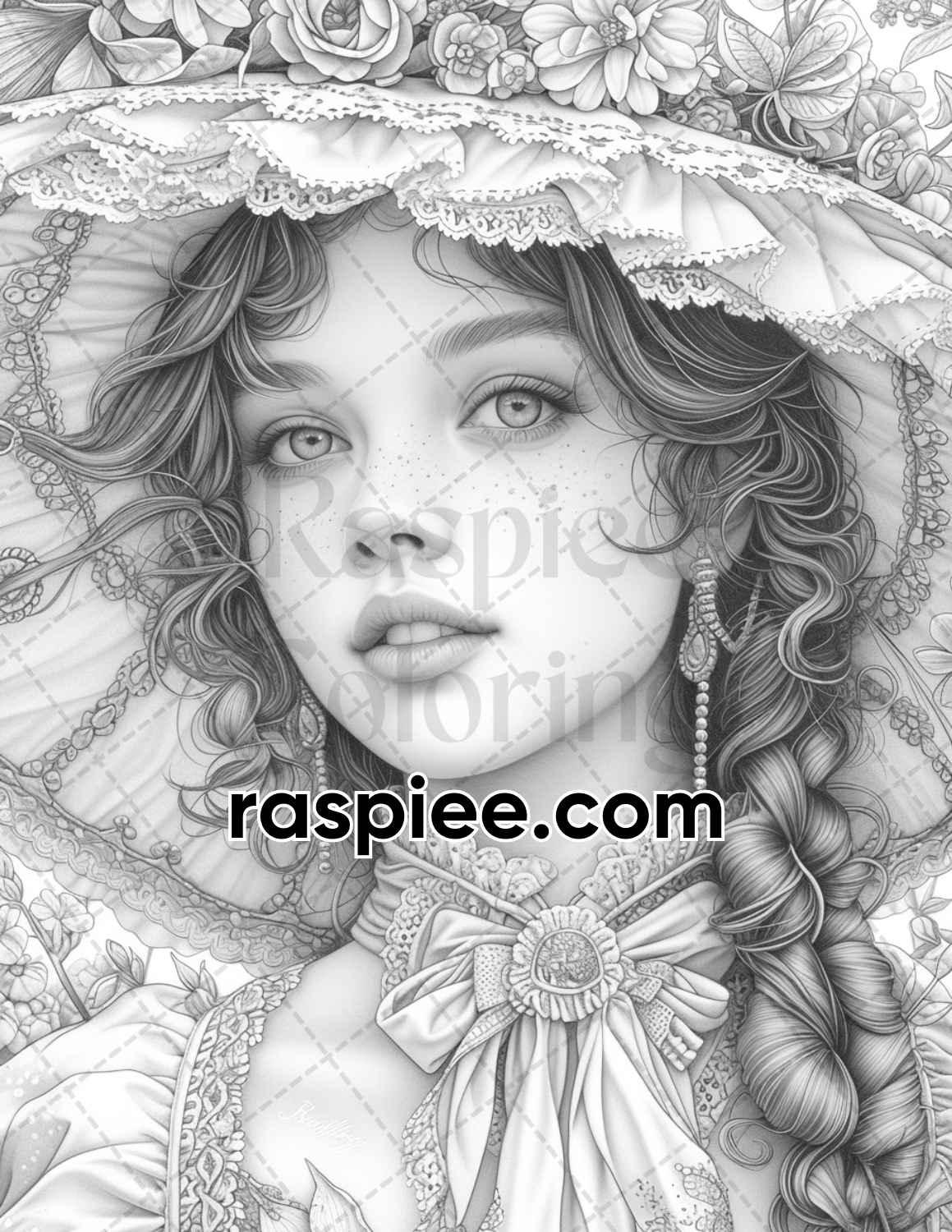 62 Spring Victorian Girl Portraits Grayscale Adult Coloring Pages, Printable PDF Instant Download
