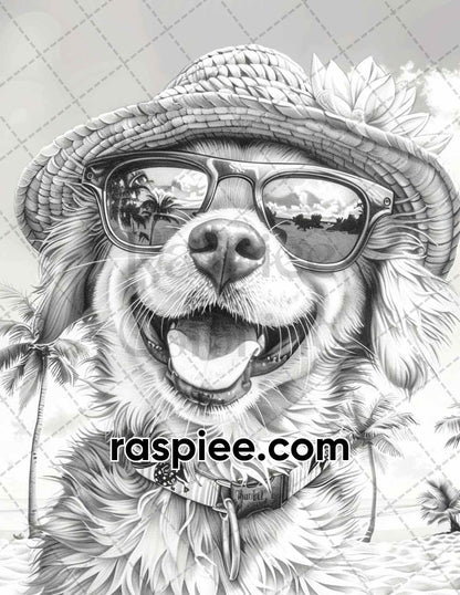 90 Summer Dogs Grayscale Adult Coloring Pages, Printable PDF Instant Download