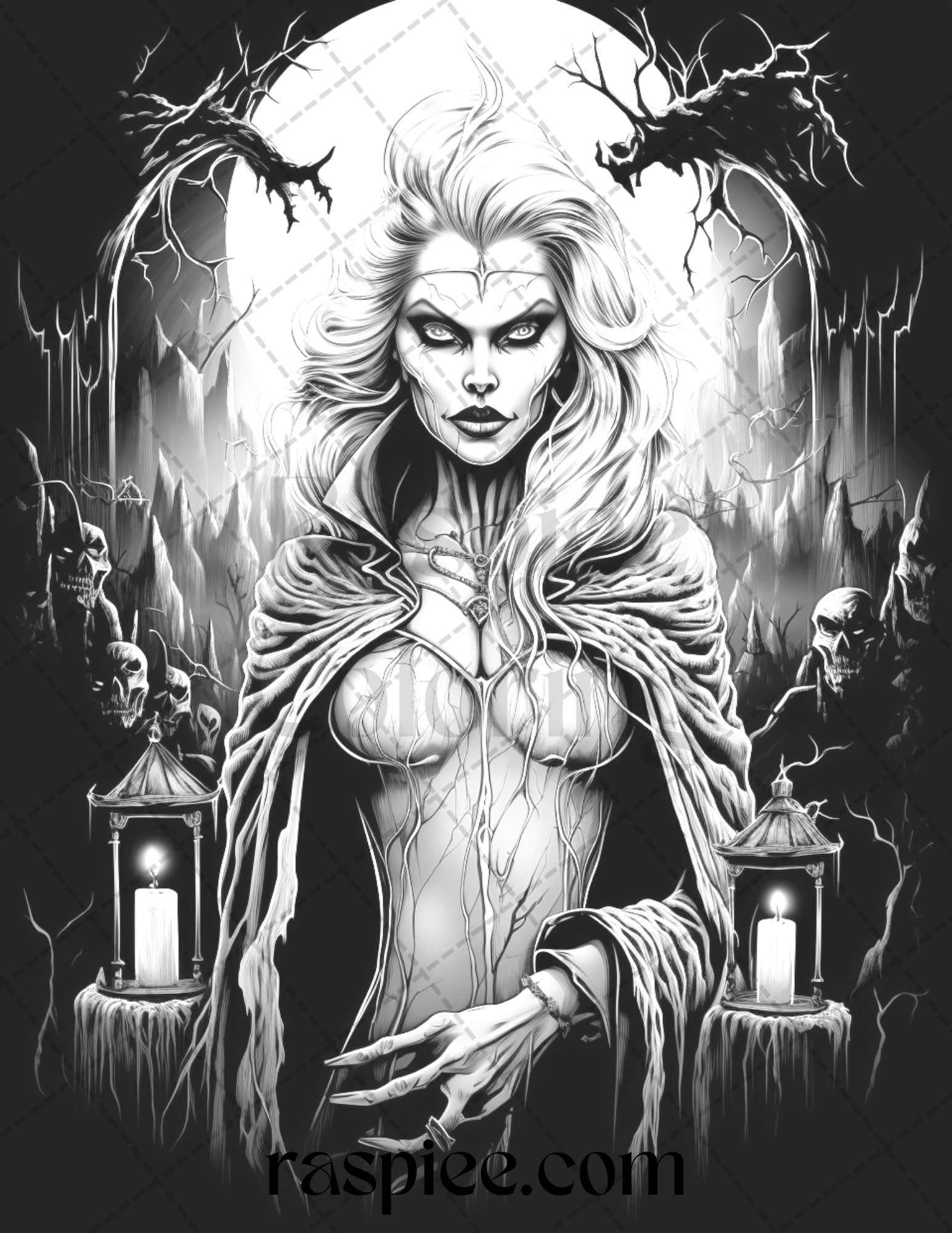 60 Halloween Vampire Grayscale Coloring Pages Printable for Adults, PDF File Instant Download