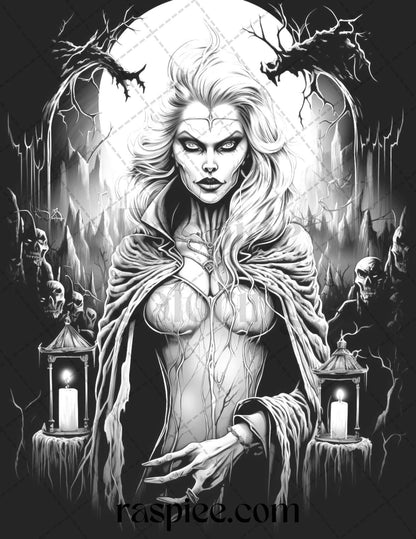 60 Halloween Vampire Grayscale Coloring Pages Printable for Adults, PDF File Instant Download