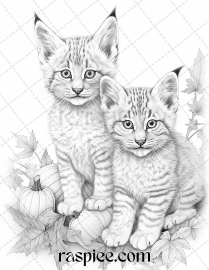 Autumn Animals Grayscale Coloring Pages for Adults and Kids, Printable PDF File Instant Download