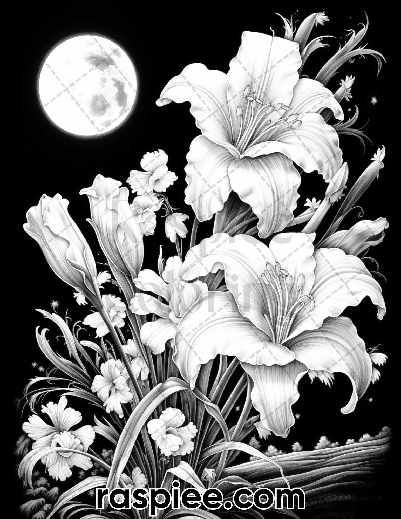 50 Flowers Under Moonlight Grayscale Coloring Pages for Adults, Printable PDF Instant Download