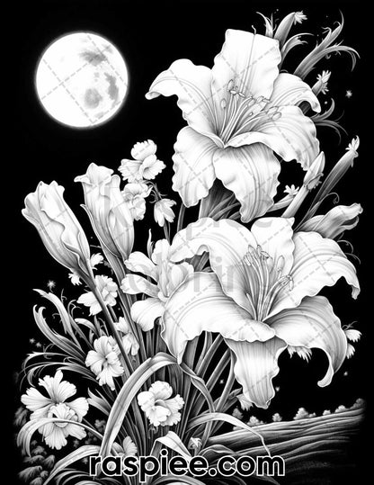 50 Flowers Under Moonlight Grayscale Coloring Pages for Adults, Printable PDF Instant Download