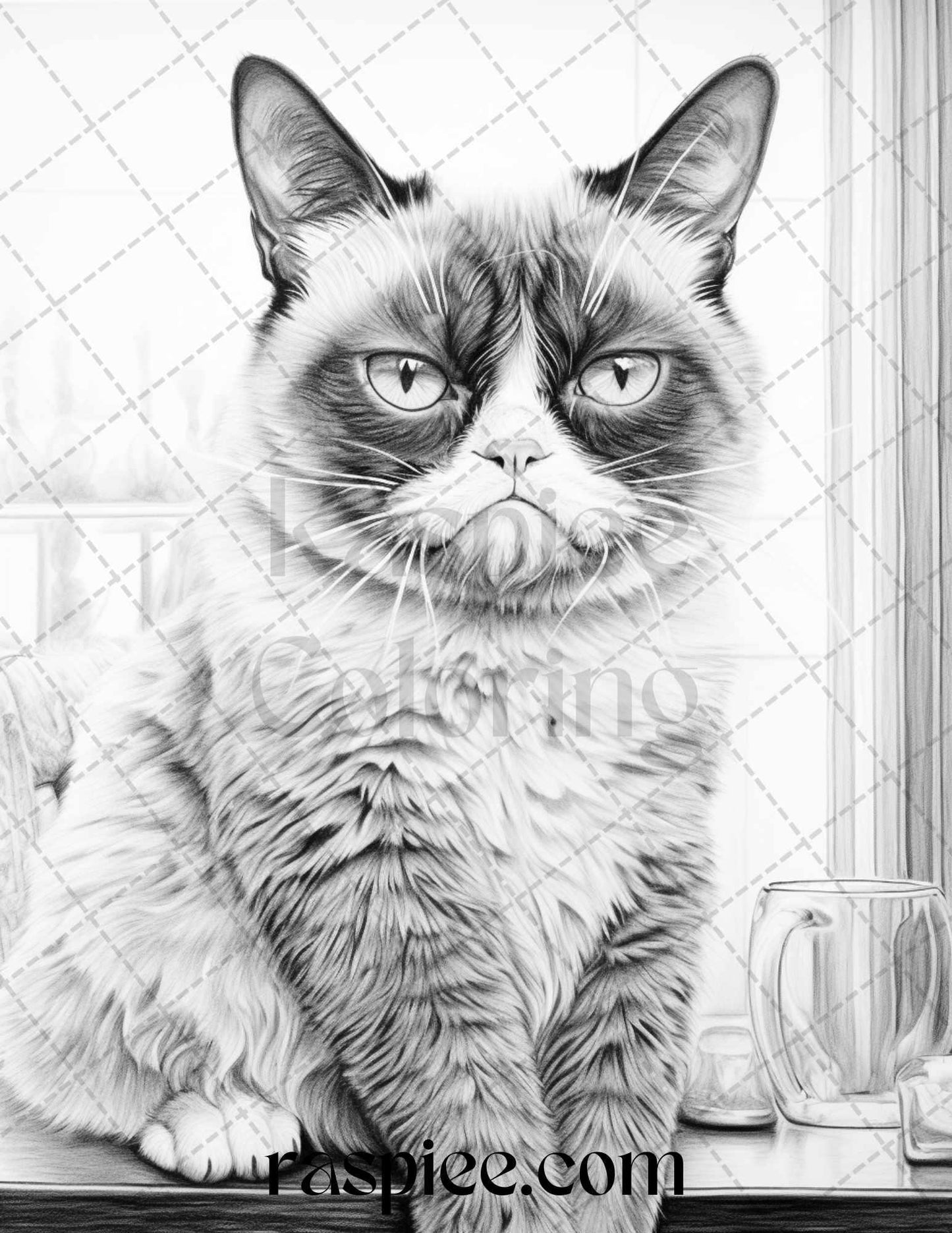 50 Grumpy Cat Grayscale Coloring Pages Printable for Adults, PDF File Instant Download