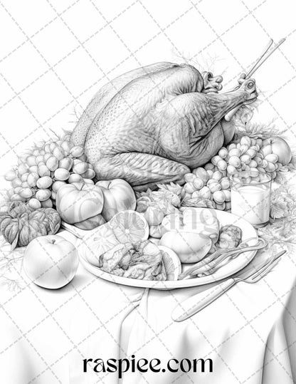 Thanksgiving Dinner Grayscale Coloring Pages for Adults, Relaxing Fall Coloring Sheets, Printable PDF File Instant Download