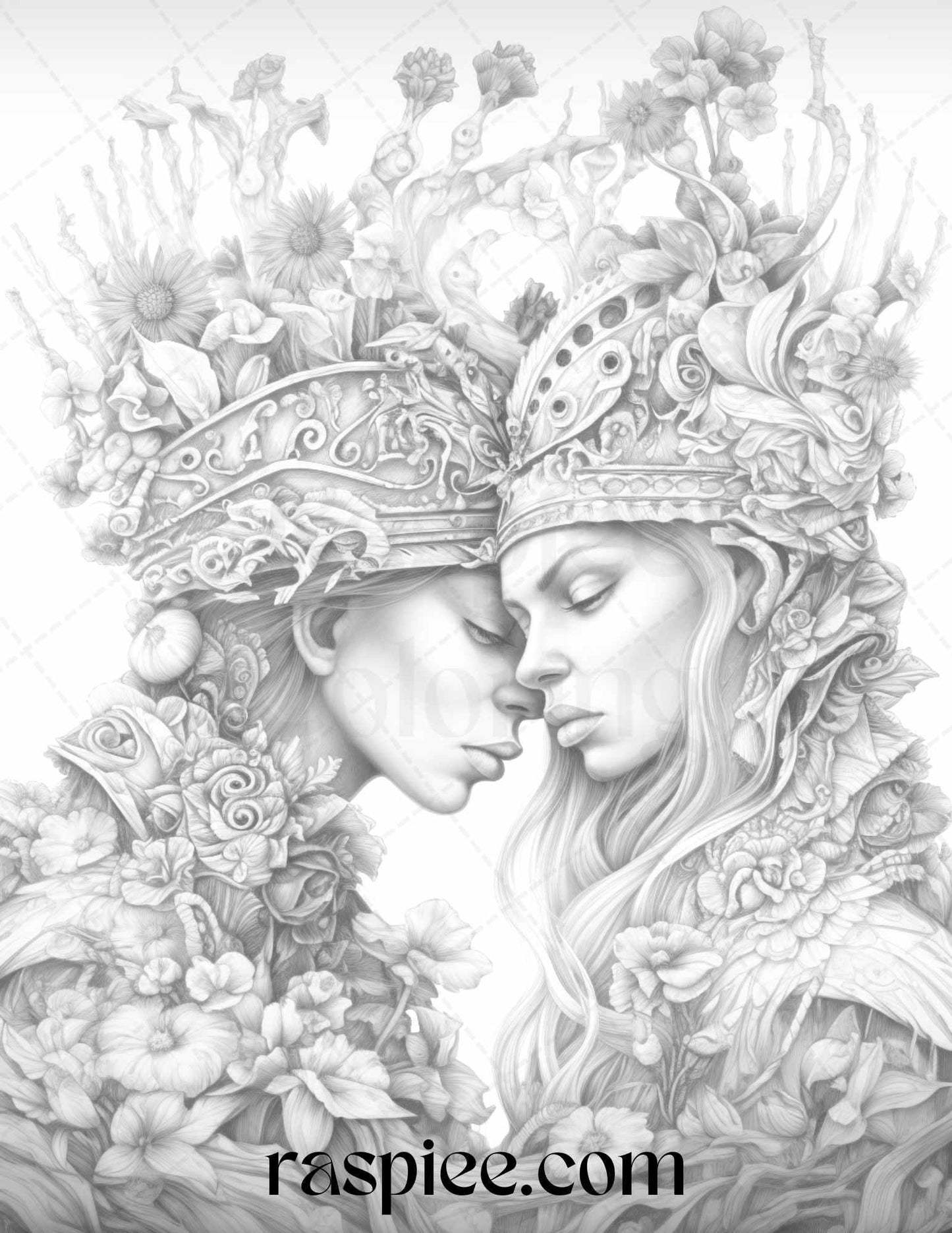 50 Romantic Couple Flowers Grayscale Coloring Pages Printable for Adults, PDF File Instant Download