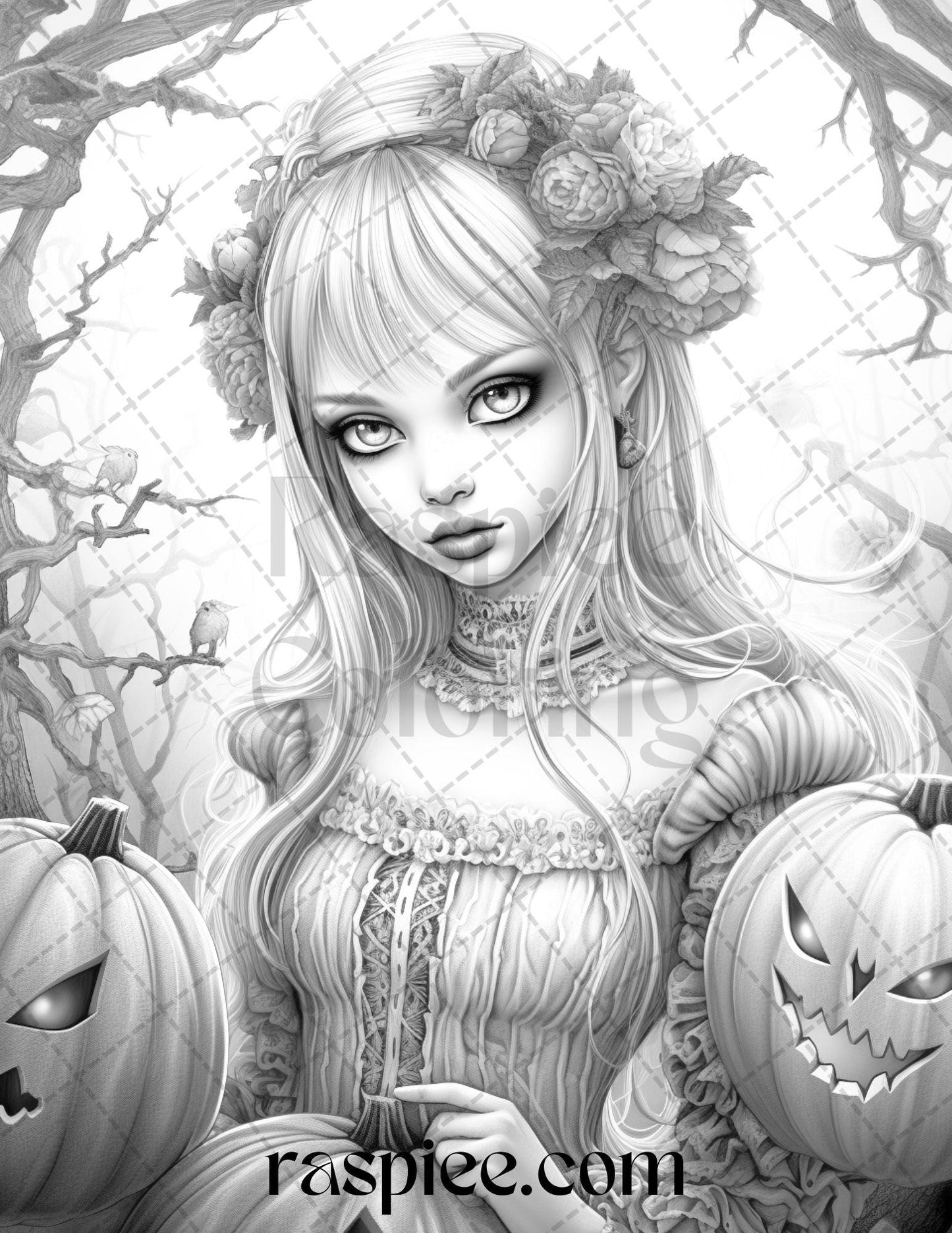 55 Halloween Girls Grayscale Coloring Pages Printable for Adults, PDF File Instant Download