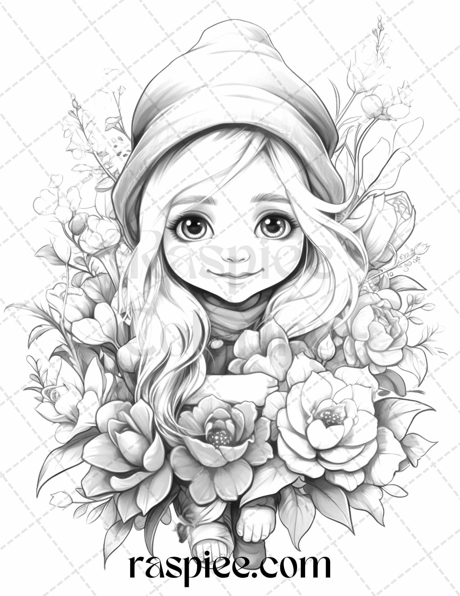 50 Flower Gnomes Grayscale Coloring Pages Printable for Adults Kids, PDF File Instant Download