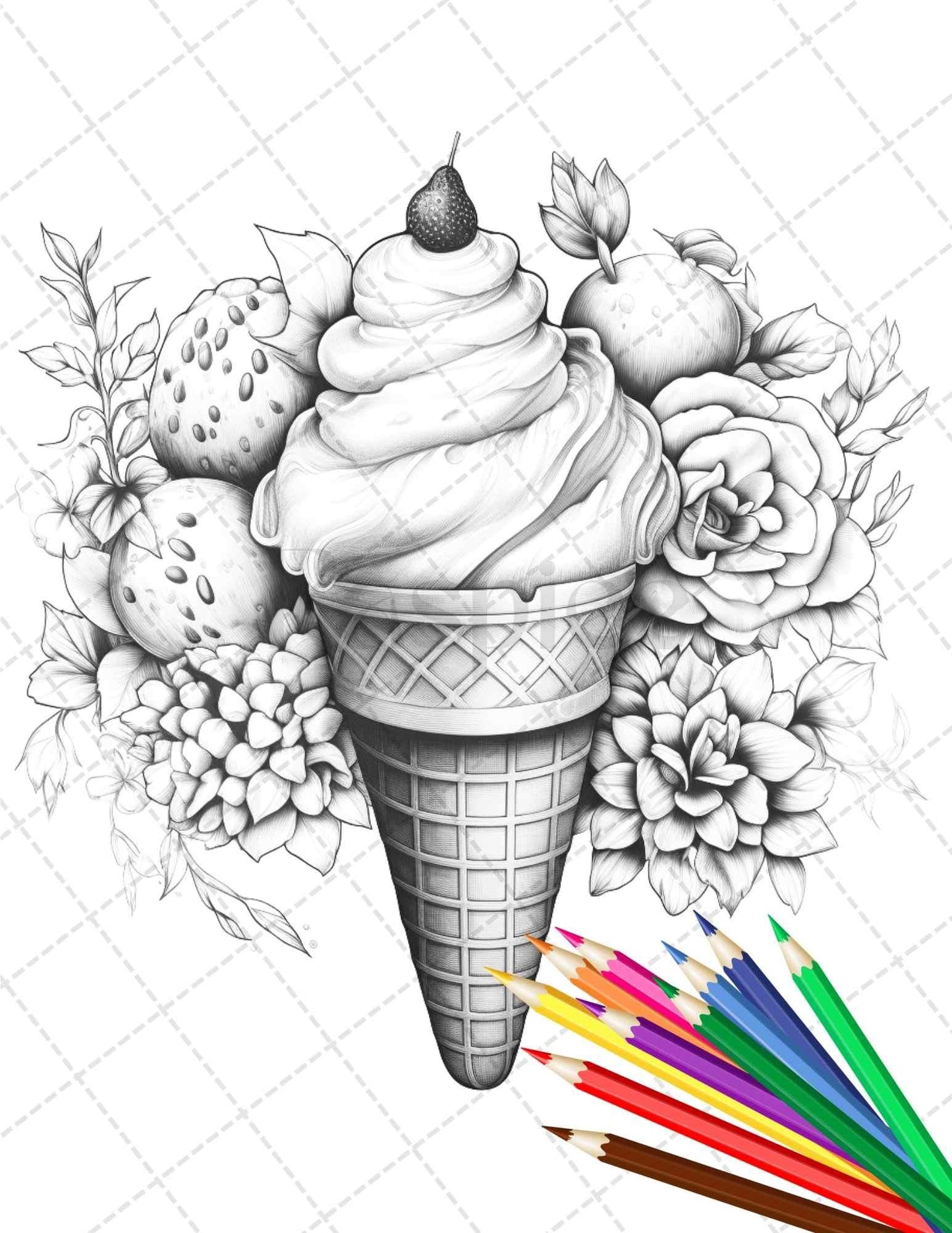 52 Printable Ice Cream Desserts Coloring Pages for Adults and Kids, Grayscale Coloring Page, PDF File Instant Download