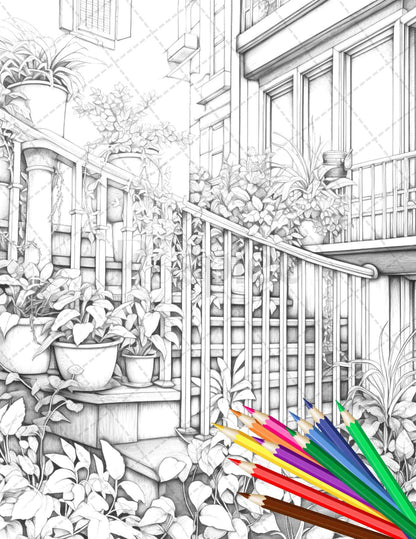 Charming Balcony Garden Grayscale Coloring Pages Printable for Adults, PDF File Instant Download