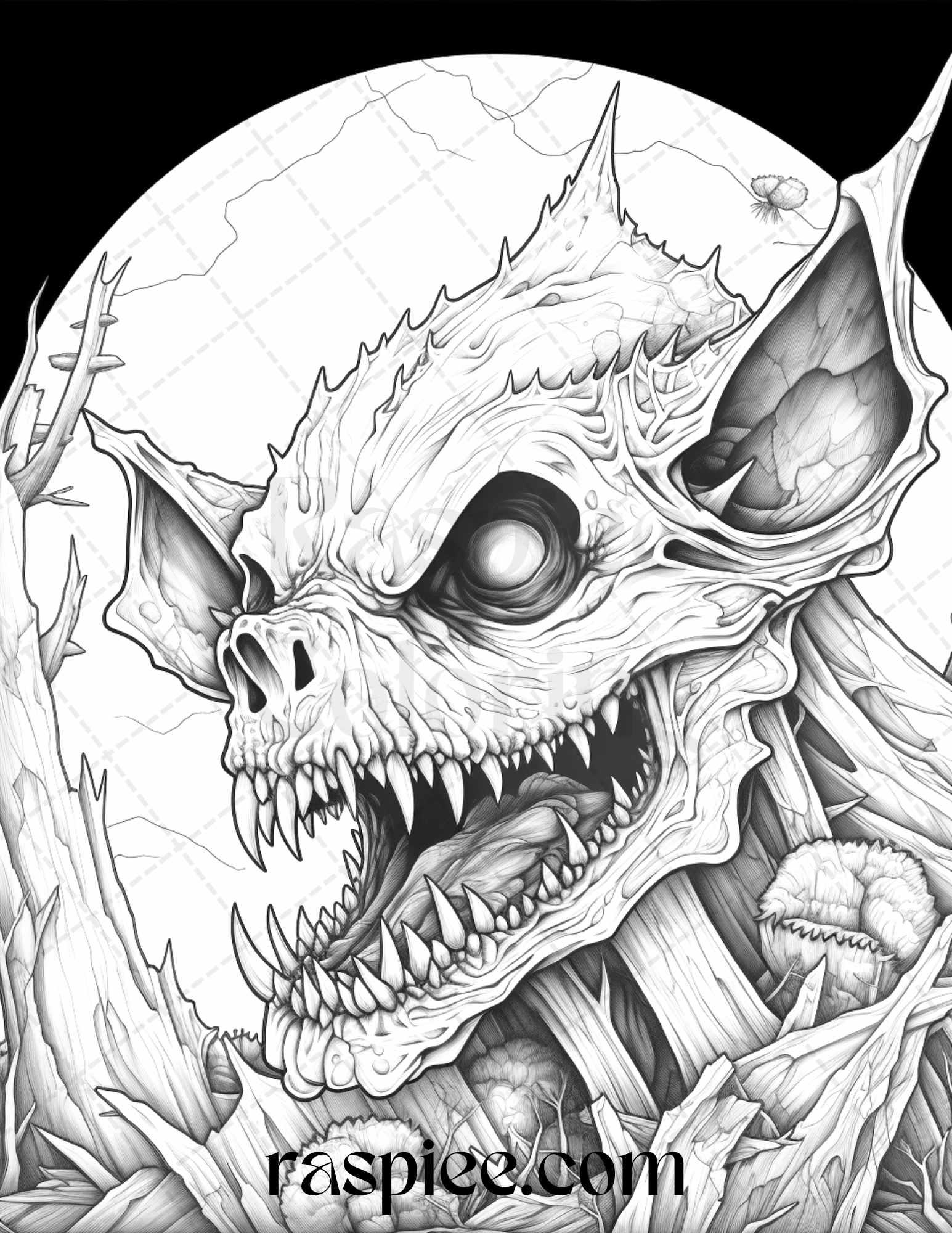 66 Horror Zombie Animals Grayscale Coloring Pages Printable for Adults, PDF File Instant Download