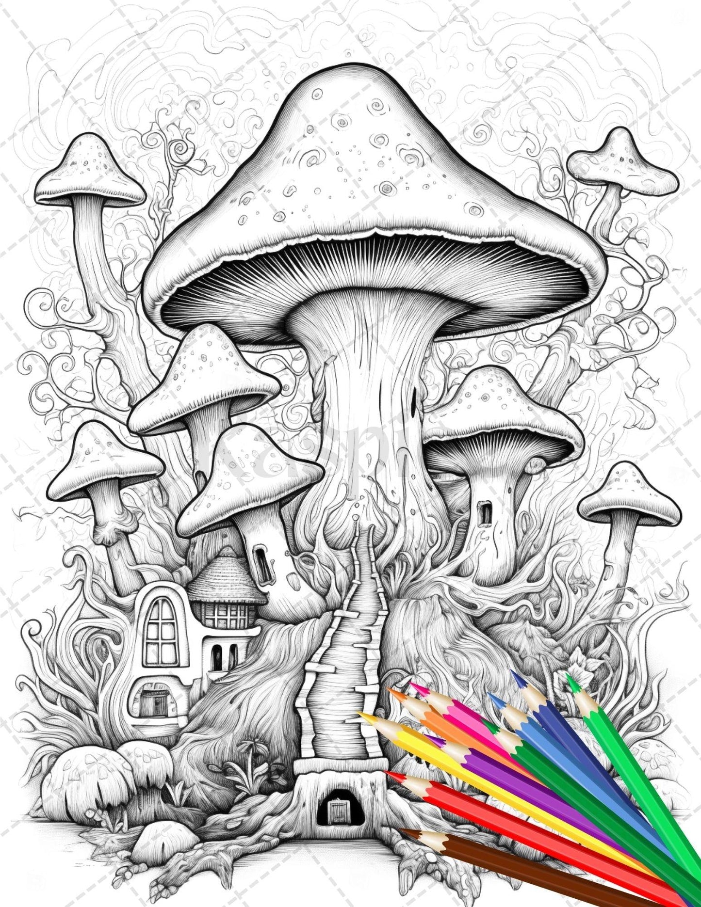 Psychedelic Mushroom Forest Coloring Book Printable for Adults, Trippy Grayscale Coloring Page, PDF File Instant Download