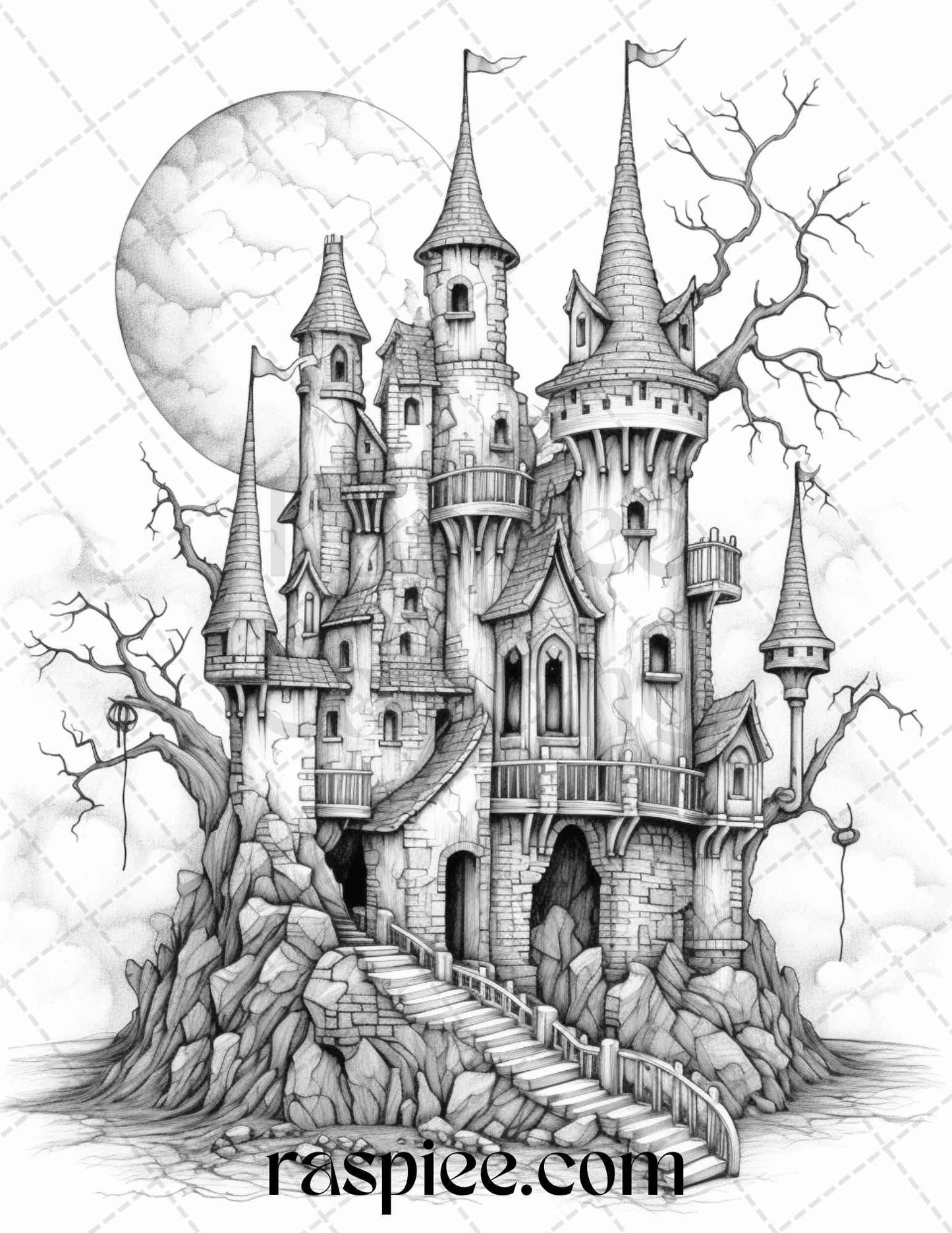 50 Haunted Castles Grayscale Coloring Pages Printable, Halloween Coloring Book, PDF File Instant Download