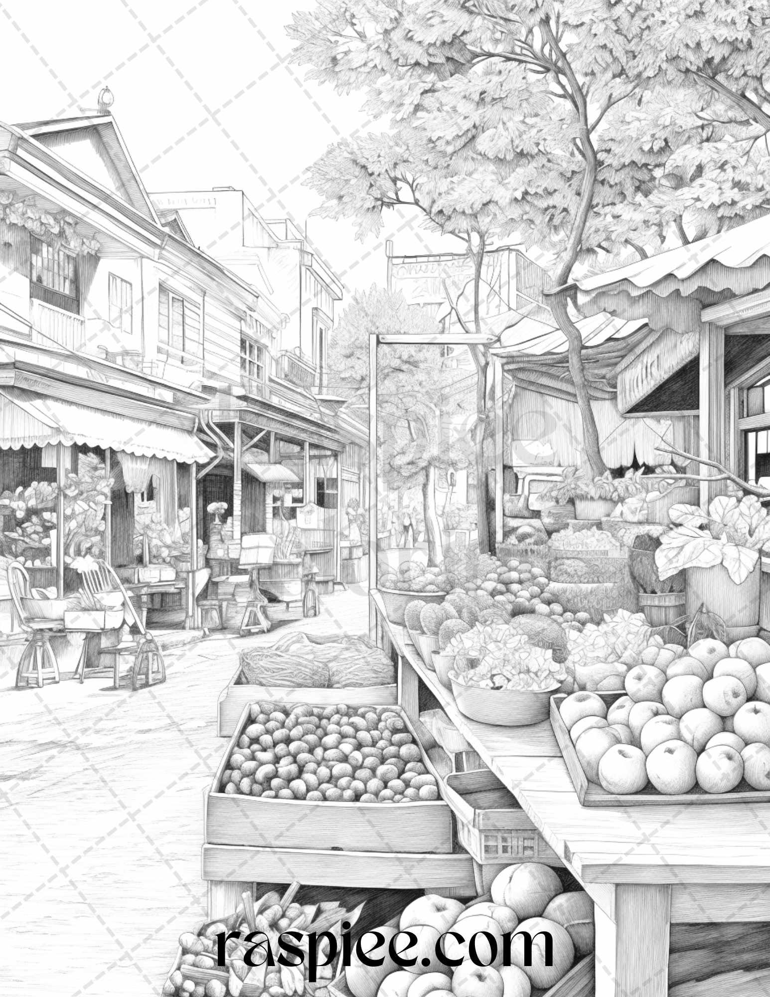 Autumn Street Markets Grayscale Coloring Pages for Adults, Printable PDF File Instant Download