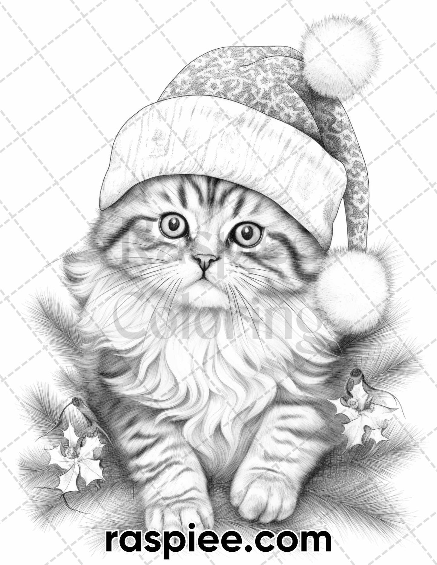 40 Christmas Cats Grayscale Coloring Pages for Adults, Printable PDF Instant Download