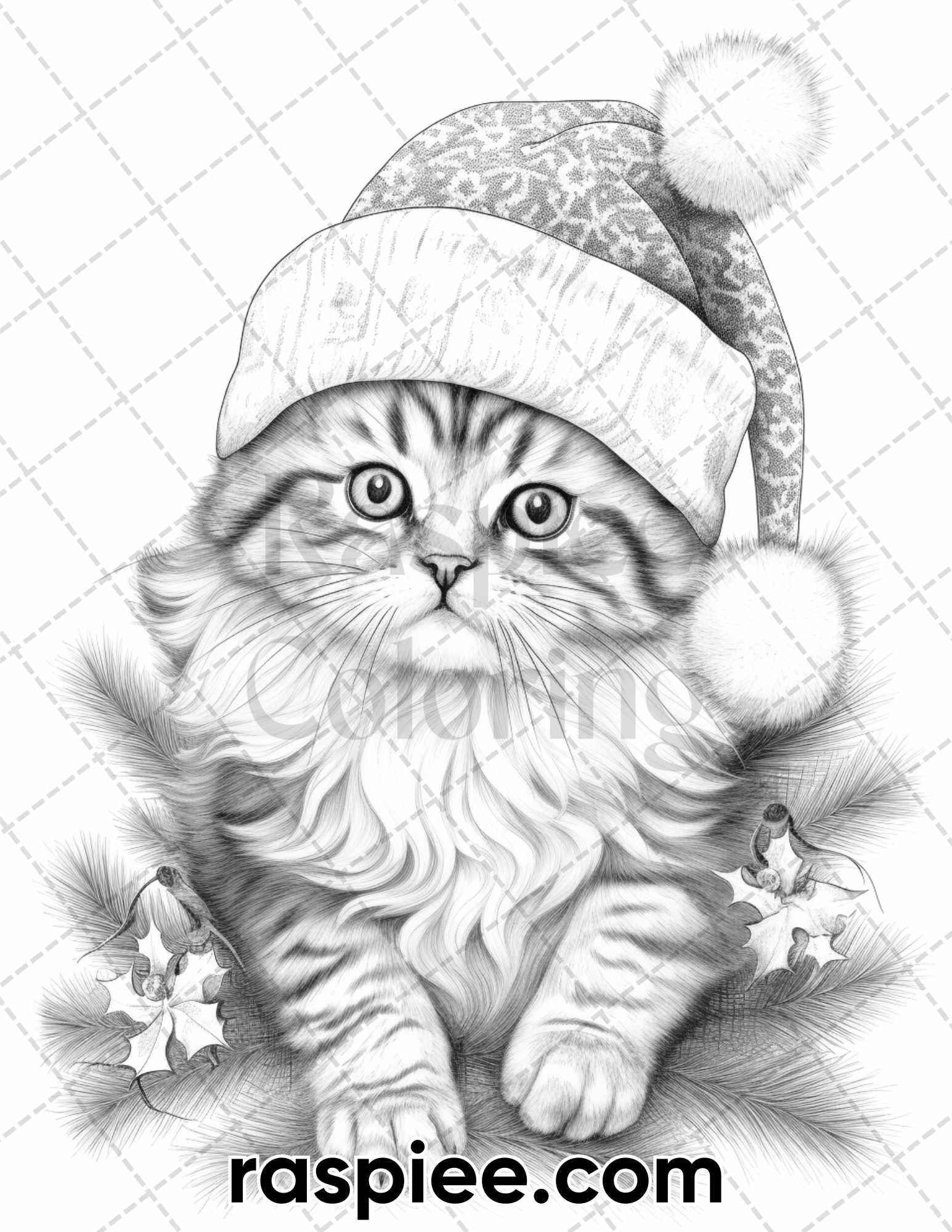 40 Christmas Cats Grayscale Coloring Pages for Adults, Printable PDF Instant Download