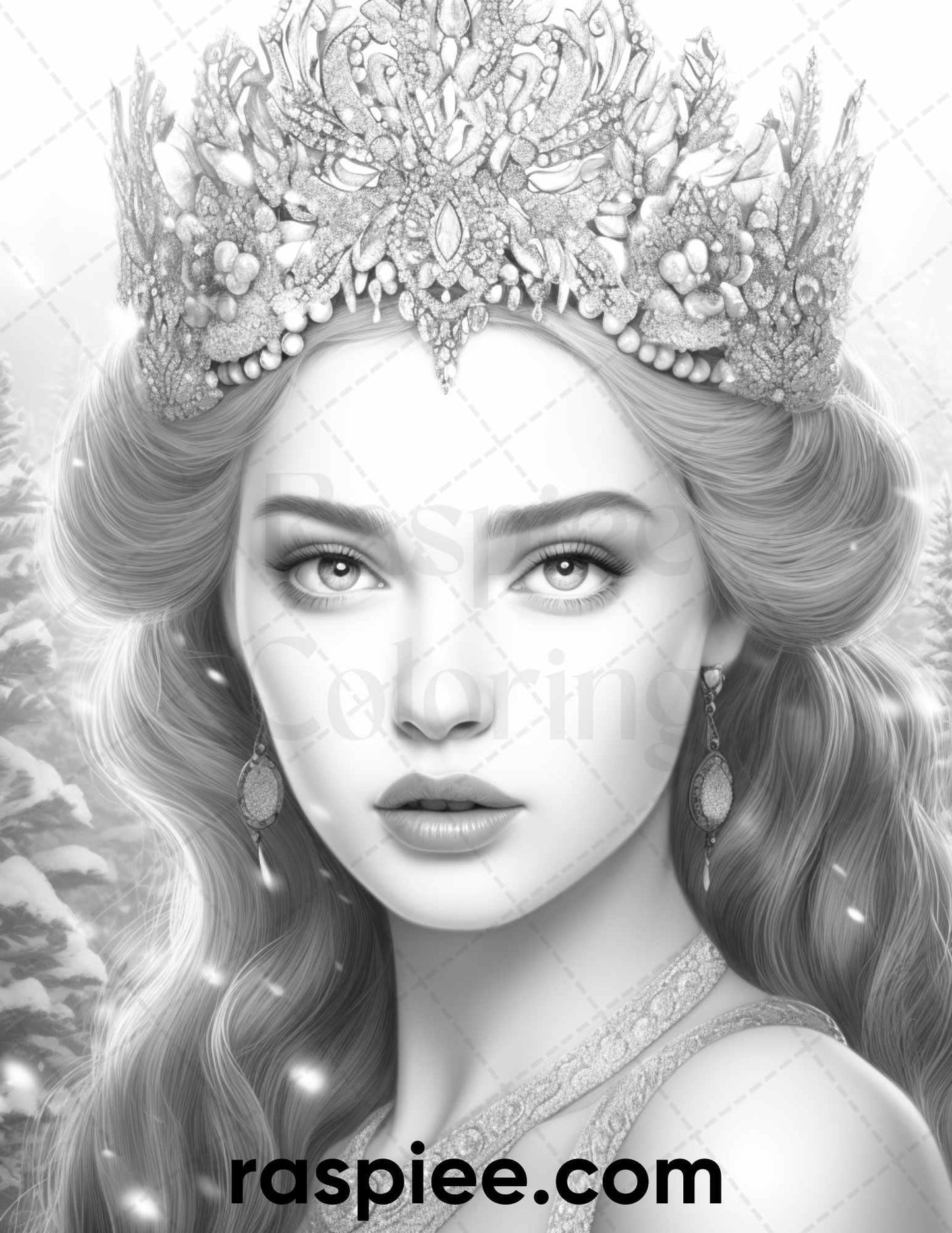 50 Winter Queens Portrait Grayscale Coloring Pages Printable for Adults, PDF File Instant Download