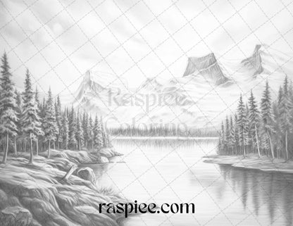 Aurora Borealis Landscape Grayscale Coloring Pages for Adults, Printable PDF File Instant Download