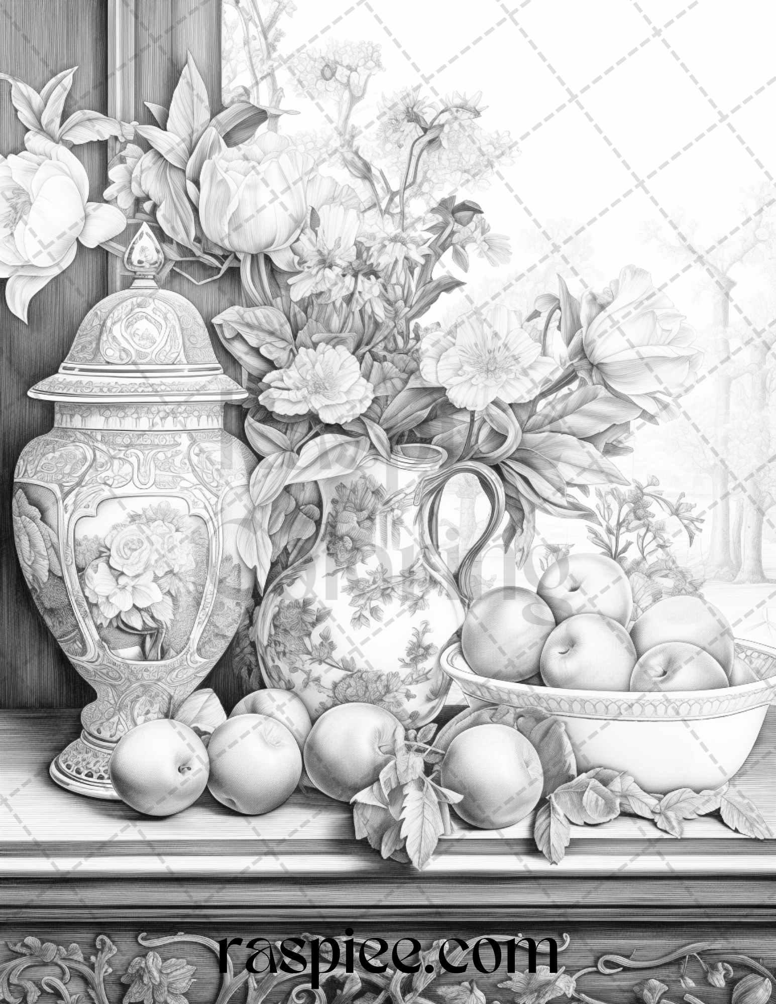 52 Still Life Grayscale Coloring Pages Printable for Adults, PDF File Instant Download