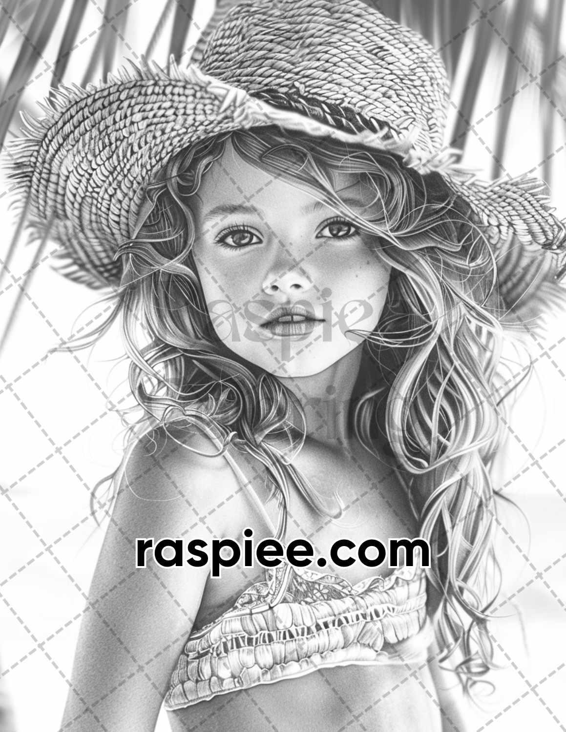 65 Summer Little Girls Portrait Grayscale Adult Coloring Pages Printable PDF Instant Download