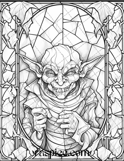 70 Halloween Stained Glass Grayscale Coloring Pages Printable for Adults, PDF File Instant Download