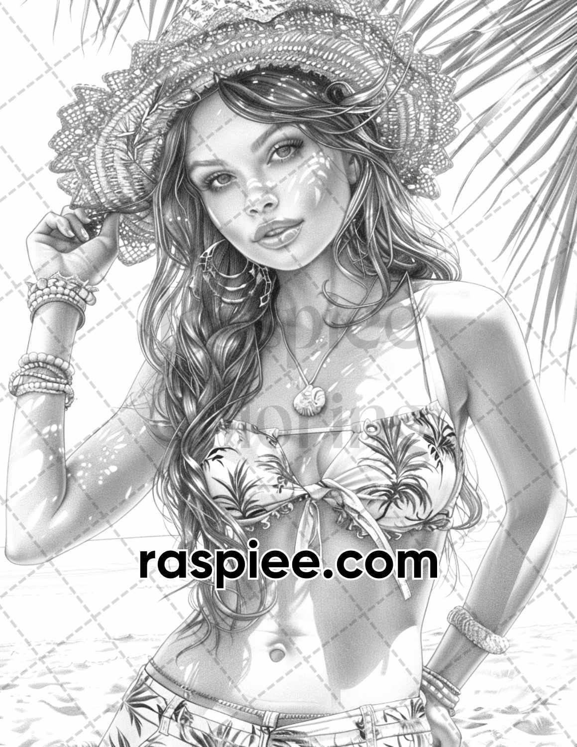 70 Beautiful Tropical Girls Grayscale Adult Coloring Pages Printable PDF Instant Download