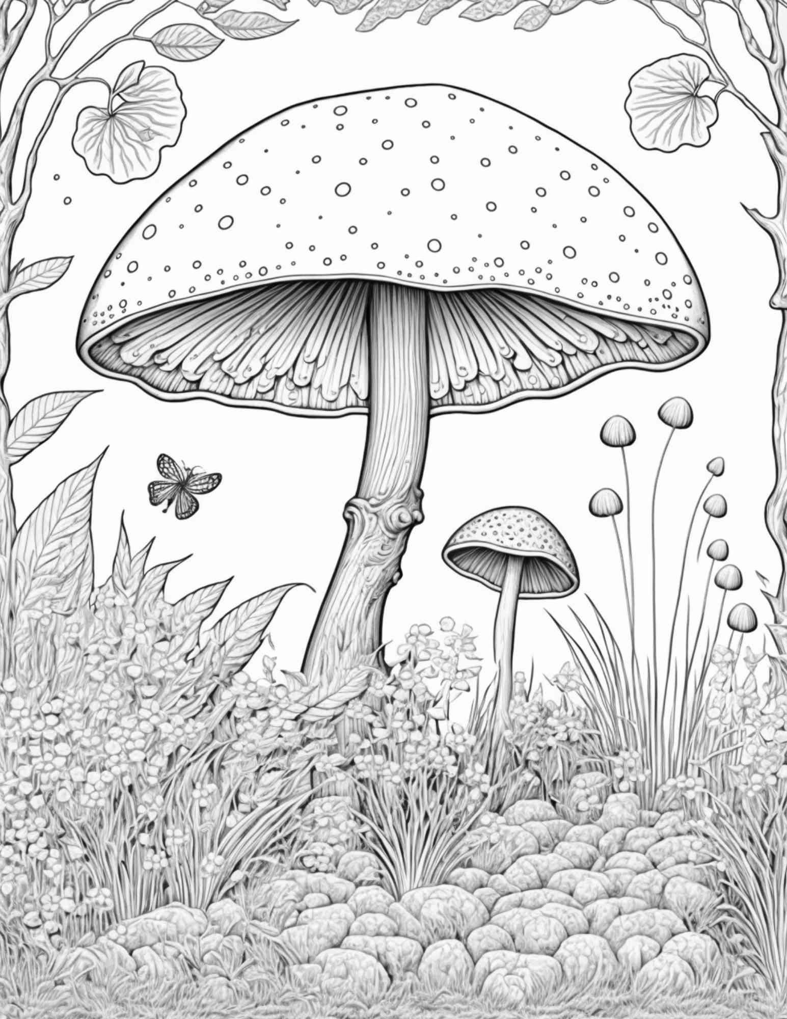 100 Mushroom Forest Coloring Pages Printable for Adults and Kids, Grayscale Coloring Book, Printable PDF File Instant Download