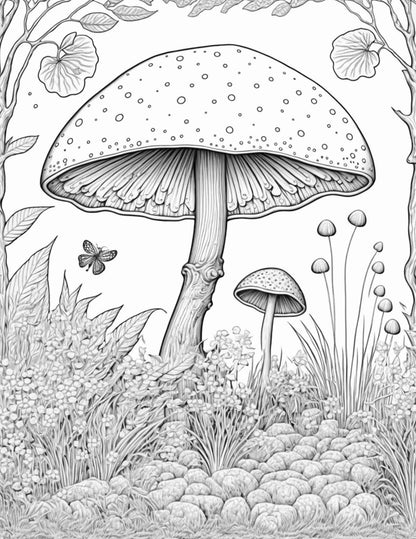100 Mushroom Forest Coloring Pages Printable for Adults and Kids, Grayscale Coloring Book, Printable PDF File Instant Download