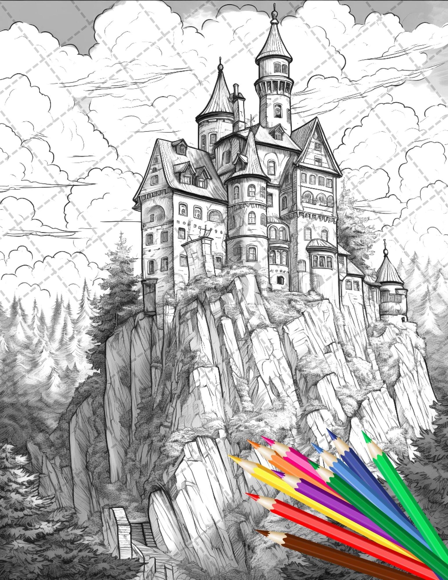 122 Fantasy Castles Coloring Book for Adults, Grayscale Coloring Page, Printable PDF Instant Download