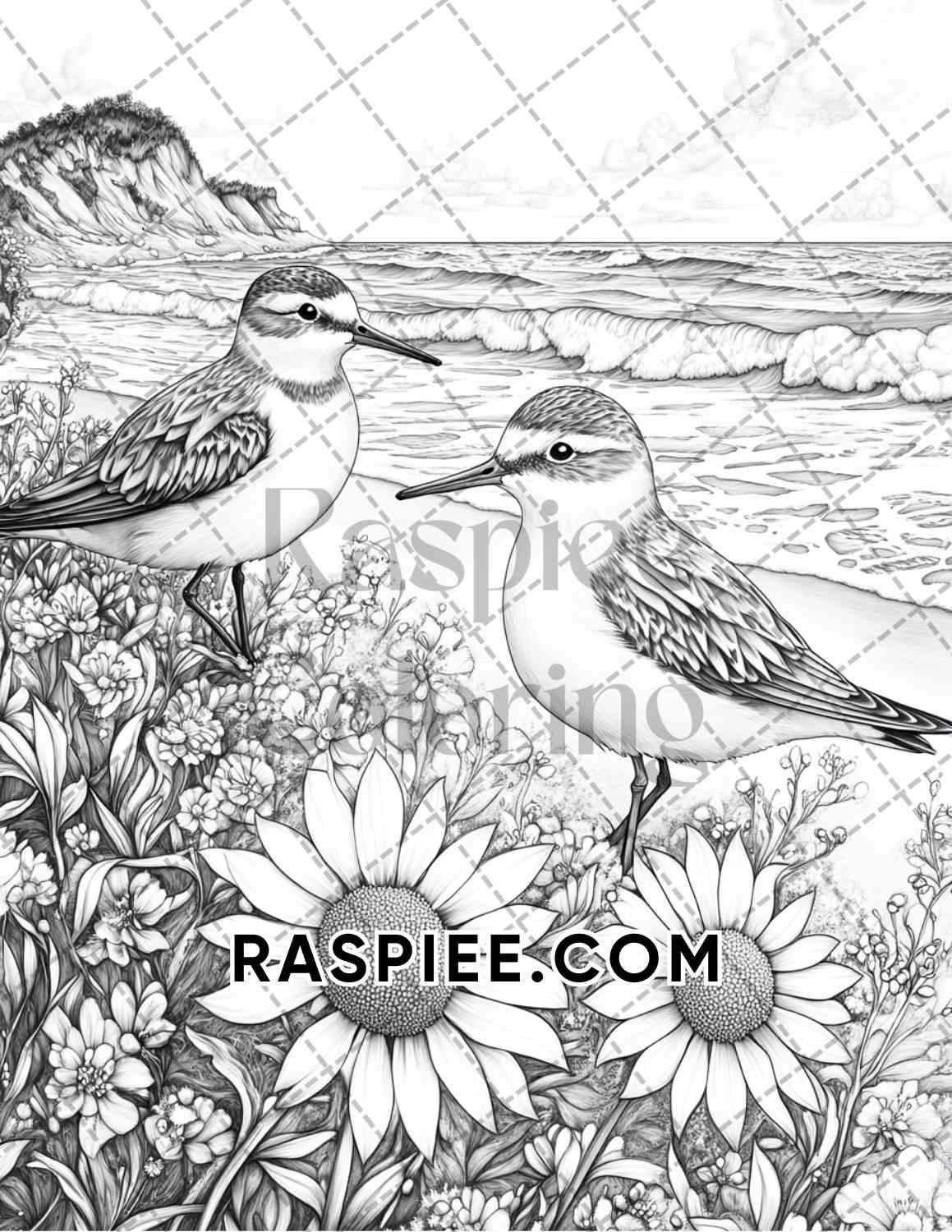 Flowers and Birds Adult Coloring Pages Printable PDF Instant Download