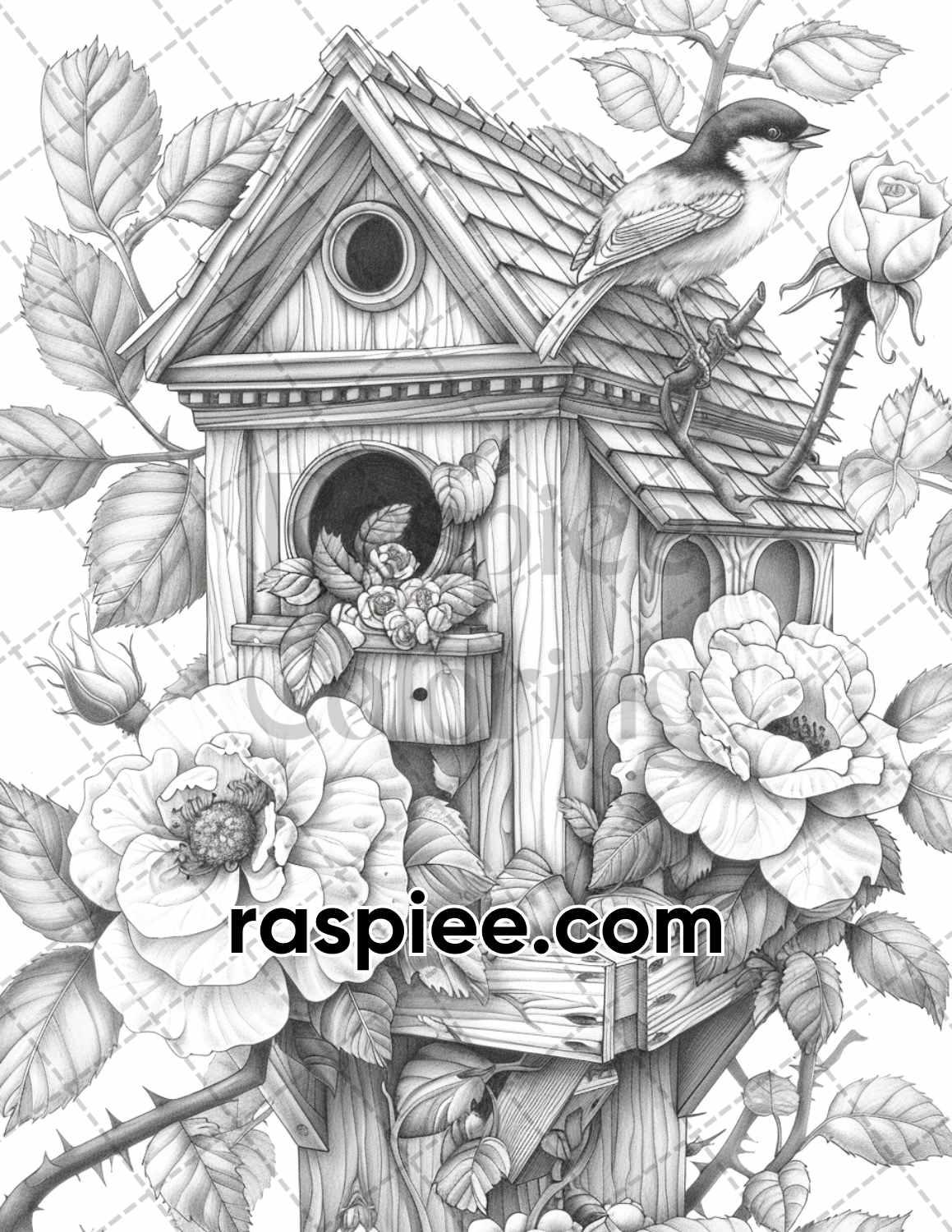 70 Enchanted Birdhouses Grayscale Adult Coloring Pages, Printable PDF Instant Download