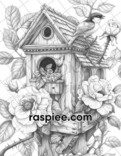70 Enchanted Birdhouses Grayscale Adult Coloring Pages, Printable PDF Instant Download