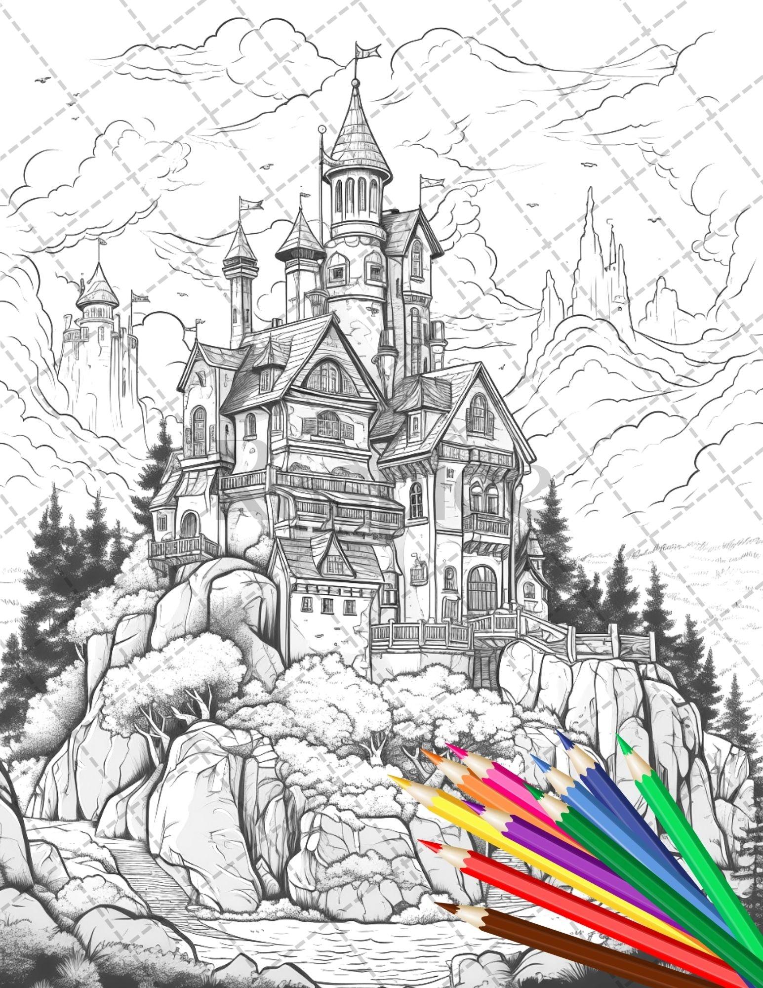 122 Fantasy Castles Coloring Book for Adults, Grayscale Coloring Page, Printable PDF Instant Download