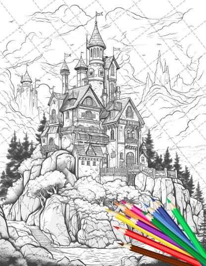 122 Fantasy Castles Coloring Book for Adults, Grayscale Coloring Page, Printable PDF Instant Download