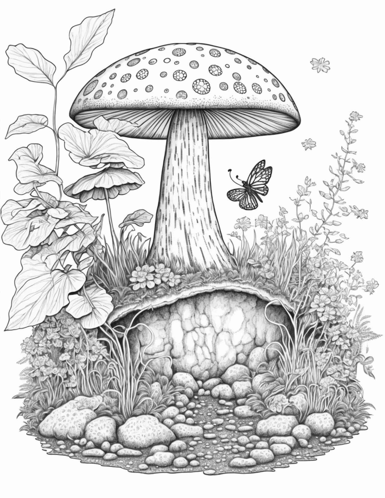100 Mushroom Forest Coloring Pages Printable for Adults and Kids, Grayscale Coloring Book, Printable PDF File Instant Download