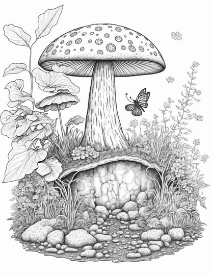 100 Mushroom Forest Coloring Pages Printable for Adults and Kids, Grayscale Coloring Book, Printable PDF File Instant Download