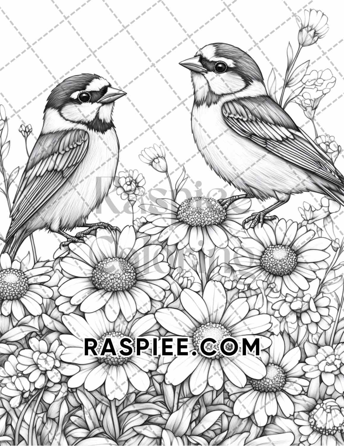 Flowers and Birds Adult Coloring Pages Printable PDF Instant Download