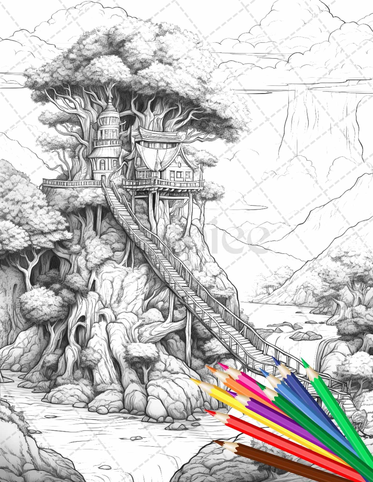 110 Enchanted Treehouse Coloring Book Printable for Adults, Grayscale Coloring Page, PDF File Instant Download