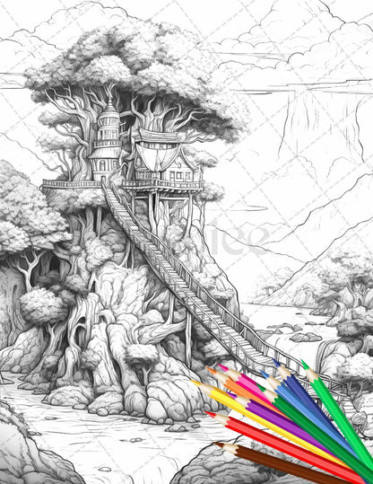 110 Enchanted Treehouse Coloring Book Printable for Adults, Grayscale Coloring Page, PDF File Instant Download