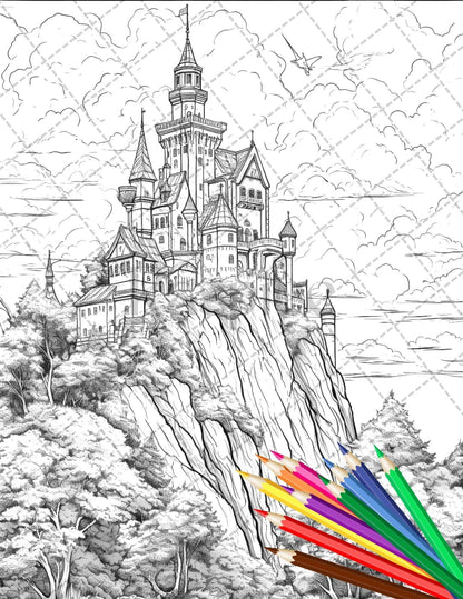 122 Fantasy Castles Coloring Book for Adults, Grayscale Coloring Page, Printable PDF Instant Download