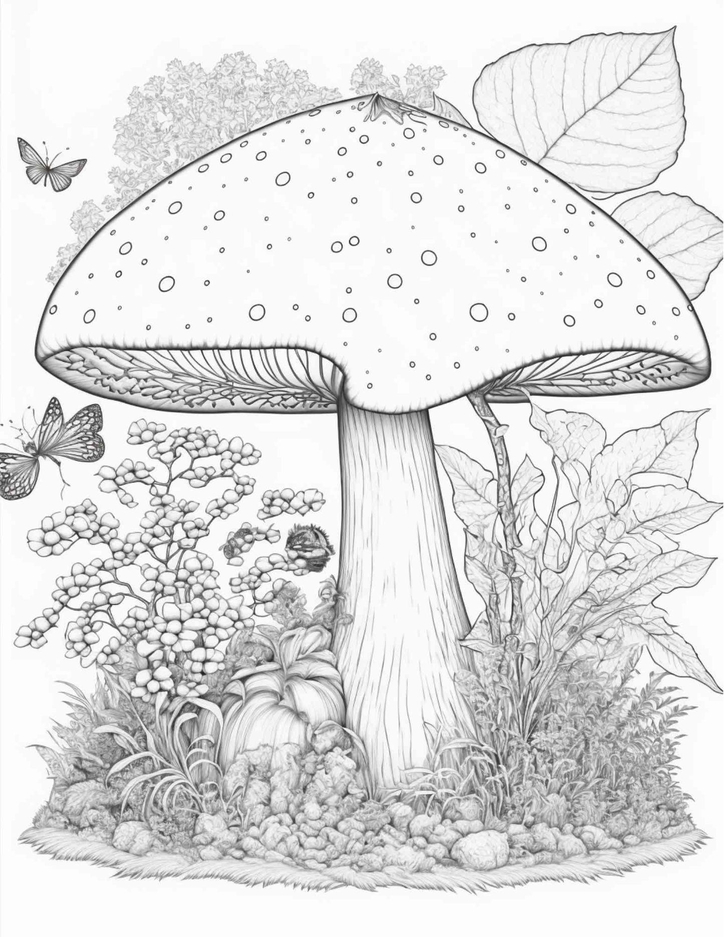 100 Mushroom Forest Coloring Pages Printable for Adults and Kids, Grayscale Coloring Book, Printable PDF File Instant Download