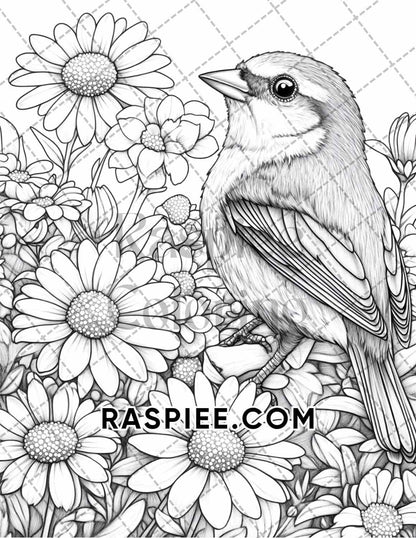Flowers and Birds Adult Coloring Pages Printable PDF Instant Download