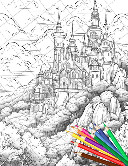 122 Fantasy Castles Coloring Book for Adults, Grayscale Coloring Page, Printable PDF Instant Download