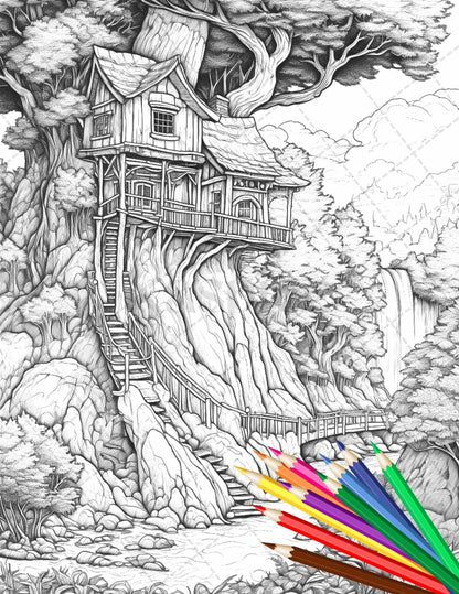 110 Enchanted Treehouse Coloring Book Printable for Adults, Grayscale Coloring Page, PDF File Instant Download