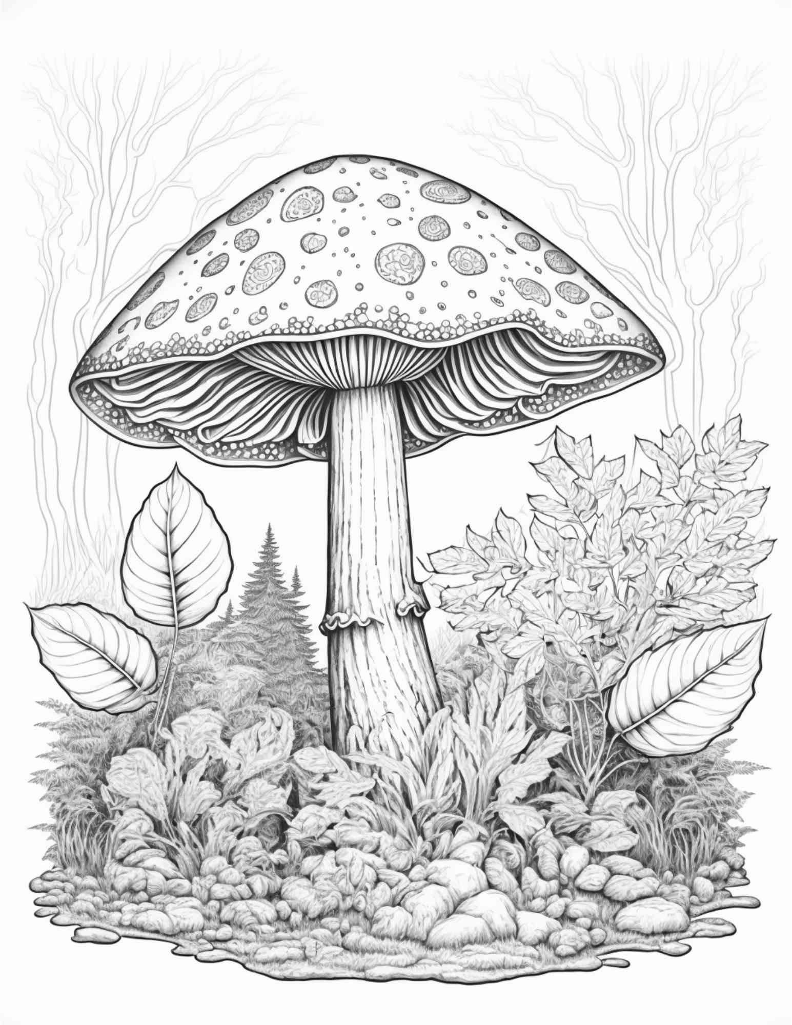100 Mushroom Forest Coloring Pages Printable for Adults and Kids, Grayscale Coloring Book, Printable PDF File Instant Download