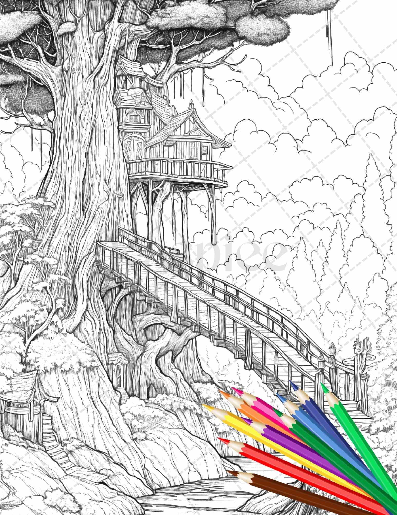 110 Enchanted Treehouse Coloring Book Printable for Adults, Grayscale Coloring Page, PDF File Instant Download